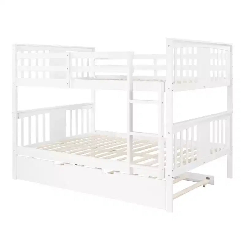 Full over Full Bunk Bed with Twin Trundle, Full Size Wood Bunk Bed Frame for Kids Teens Adults, Can be Convertible to 2 Beds