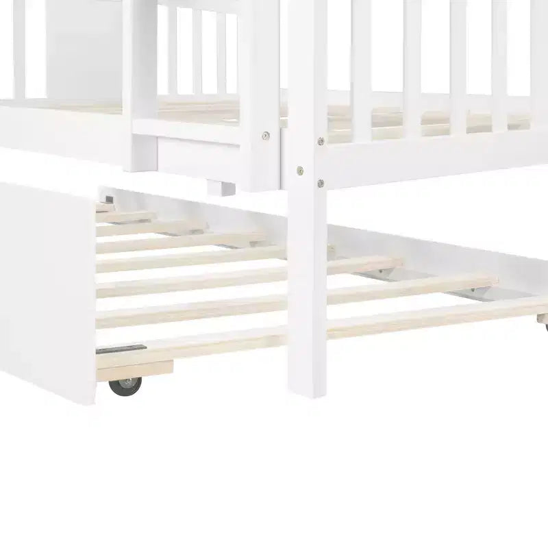 Full over Full Bunk Bed with Twin Trundle, Full Size Wood Bunk Bed Frame for Kids Teens Adults, Can be Convertible to 2 Beds