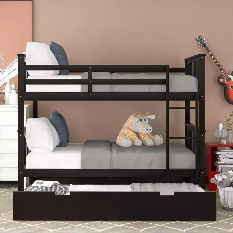 Full over Full Bunk Bed with Twin Trundle, Full Size Wood Bunk Bed Frame for Kids Teens Adults, Can be Convertible to 2 Beds