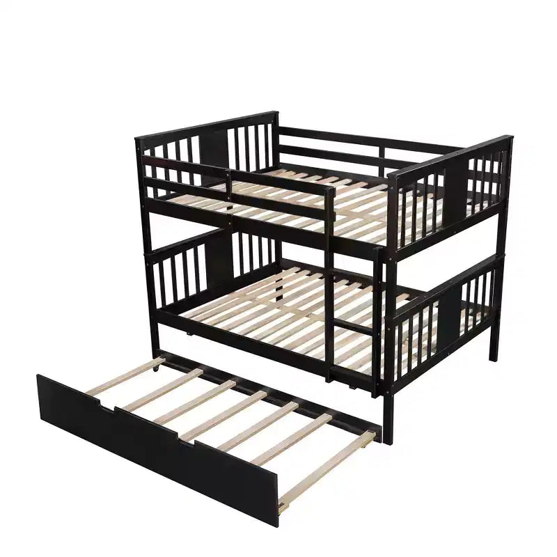 Full over Full Bunk Bed with Twin Trundle, Full Size Wood Bunk Bed Frame for Kids Teens Adults, Can be Convertible to 2 Beds