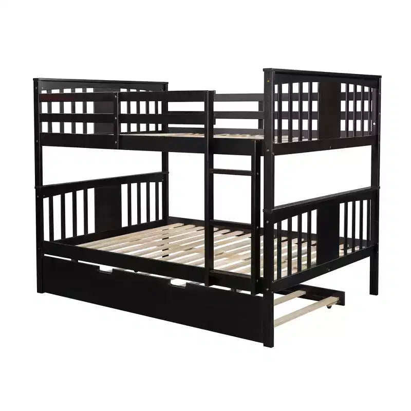 Full over Full Bunk Bed with Twin Trundle, Full Size Wood Bunk Bed Frame for Kids Teens Adults, Can be Convertible to 2 Beds