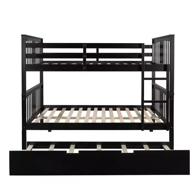 Full over Full Bunk Bed with Twin Trundle, Full Size Wood Bunk Bed Frame for Kids Teens Adults, Can be Convertible to 2 Beds