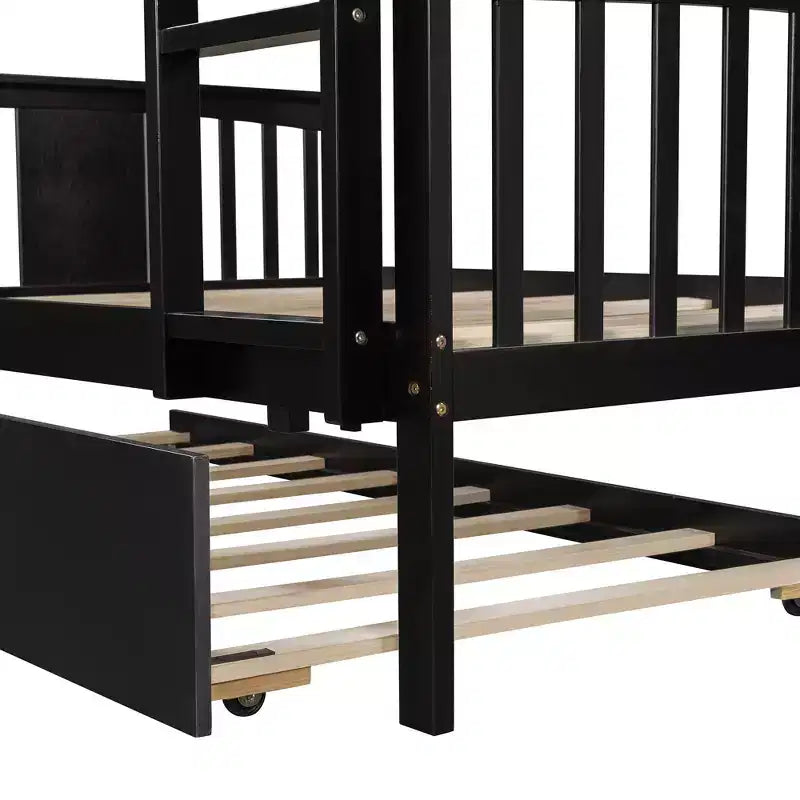 Full over Full Bunk Bed with Twin Trundle, Full Size Wood Bunk Bed Frame for Kids Teens Adults, Can be Convertible to 2 Beds