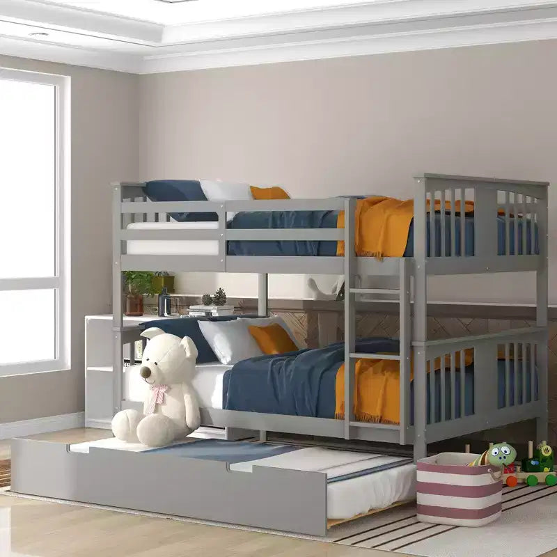 Full over Full Bunk Bed with Twin Trundle, Full Size Wood Bunk Bed Frame for Kids Teens Adults, Can be Convertible to 2 Beds