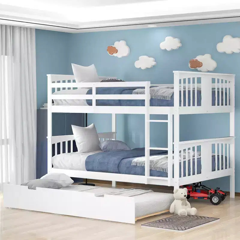 Full over Full Bunk Bed with Twin Trundle, Full Size Wood Bunk Bed Frame for Kids Teens Adults, Can be Convertible to 2 Beds