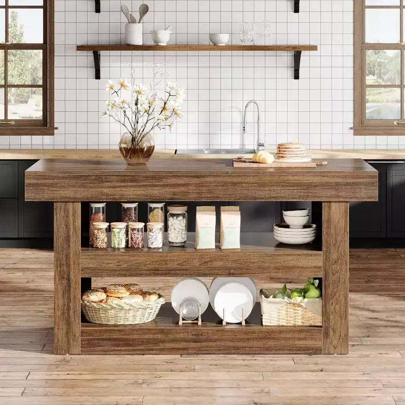 55 Kitchen Island, 3-Tier Stationary Island Table with Large Countertop, Wooden Coffee Bar Table Storage Cabinet for Dining Room