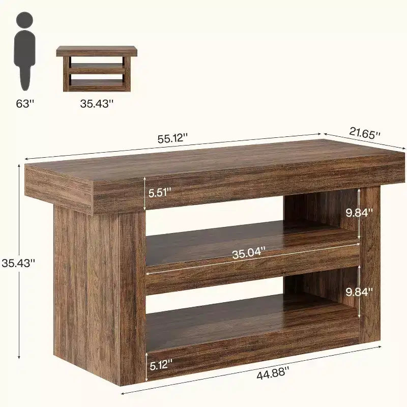55 Kitchen Island, 3-Tier Stationary Island Table with Large Countertop, Wooden Coffee Bar Table Storage Cabinet for Dining Room