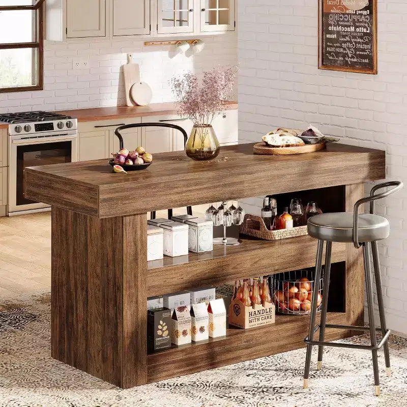 55 Kitchen Island, 3-Tier Stationary Island Table with Large Countertop, Wooden Coffee Bar Table Storage Cabinet for Dining Room