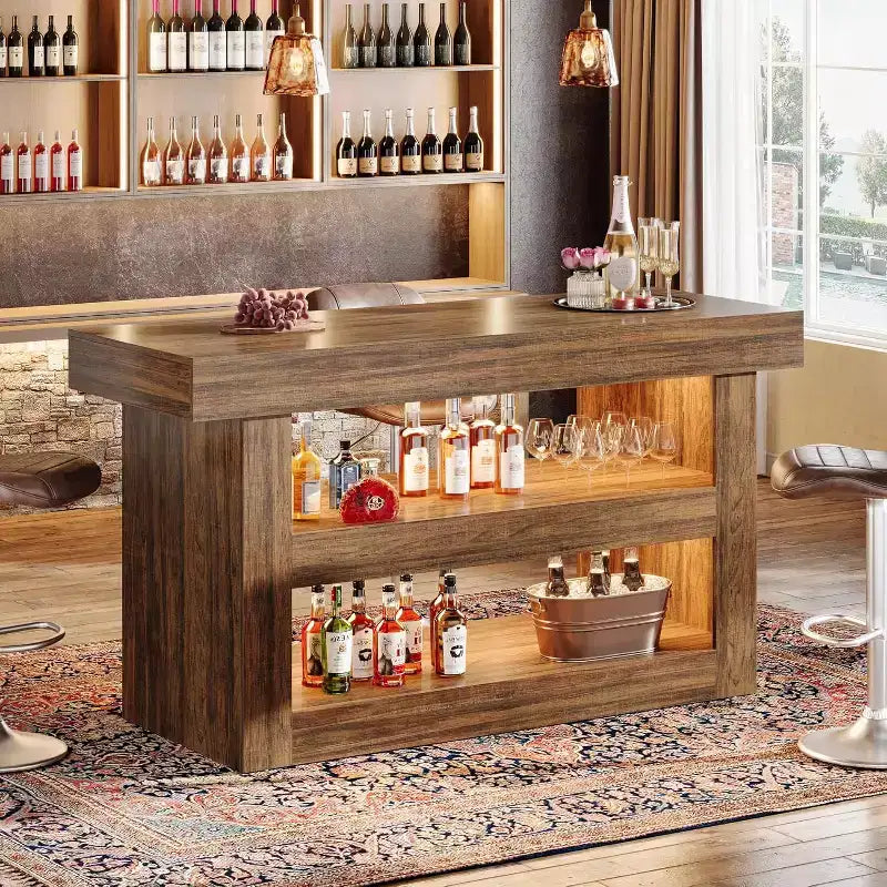 55 Kitchen Island, 3-Tier Stationary Island Table with Large Countertop, Wooden Coffee Bar Table Storage Cabinet for Dining Room