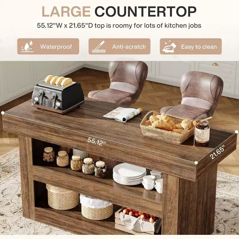 55 Kitchen Island, 3-Tier Stationary Island Table with Large Countertop, Wooden Coffee Bar Table Storage Cabinet for Dining Room