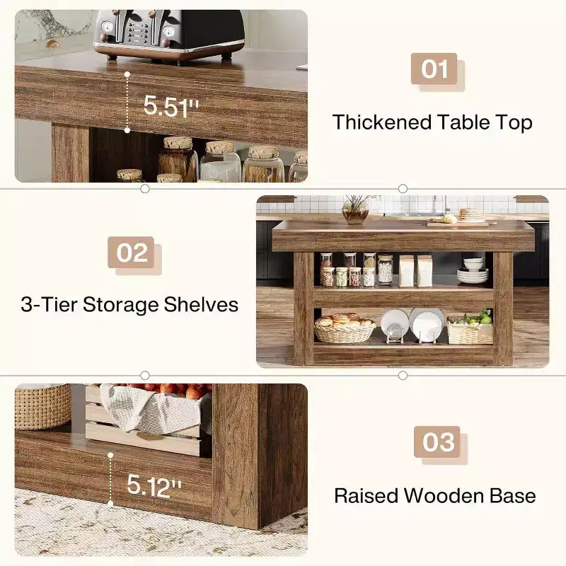 55 Kitchen Island, 3-Tier Stationary Island Table with Large Countertop, Wooden Coffee Bar Table Storage Cabinet for Dining Room