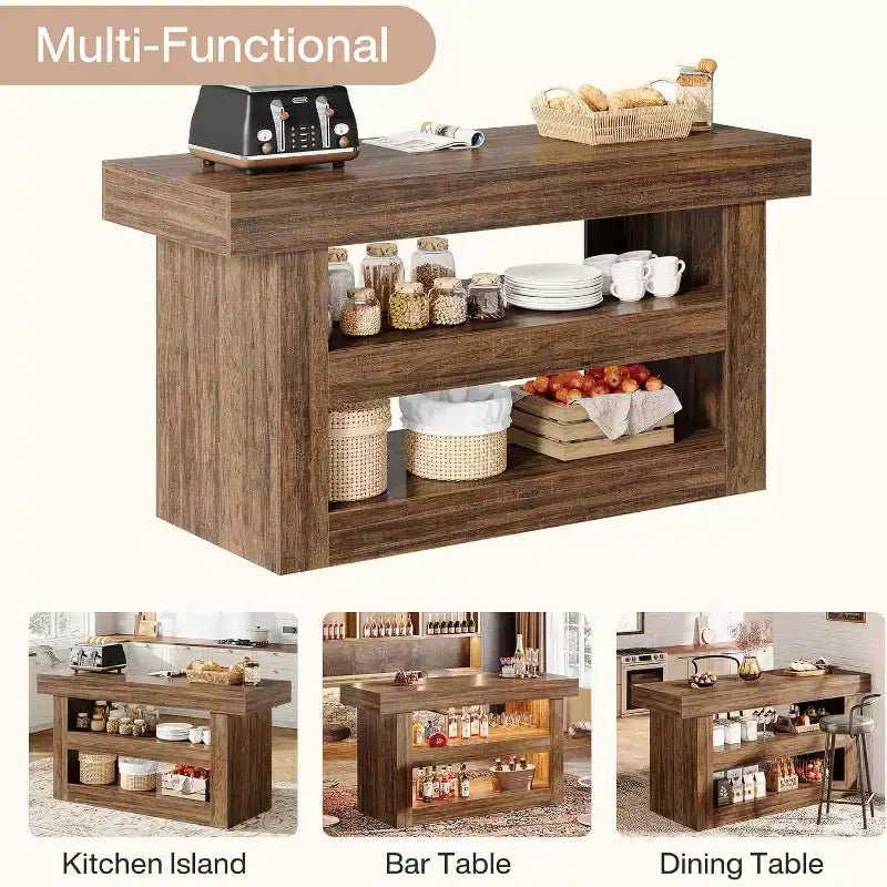 55 Kitchen Island, 3-Tier Stationary Island Table with Large Countertop, Wooden Coffee Bar Table Storage Cabinet for Dining Room