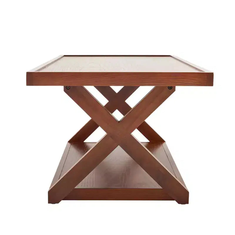 40 Solid Oak Coffee Table,2-Tier Modern Farmhouse Rectangle Center Table with Storage Shelf & X-Shaped Legs, Walnut Finish