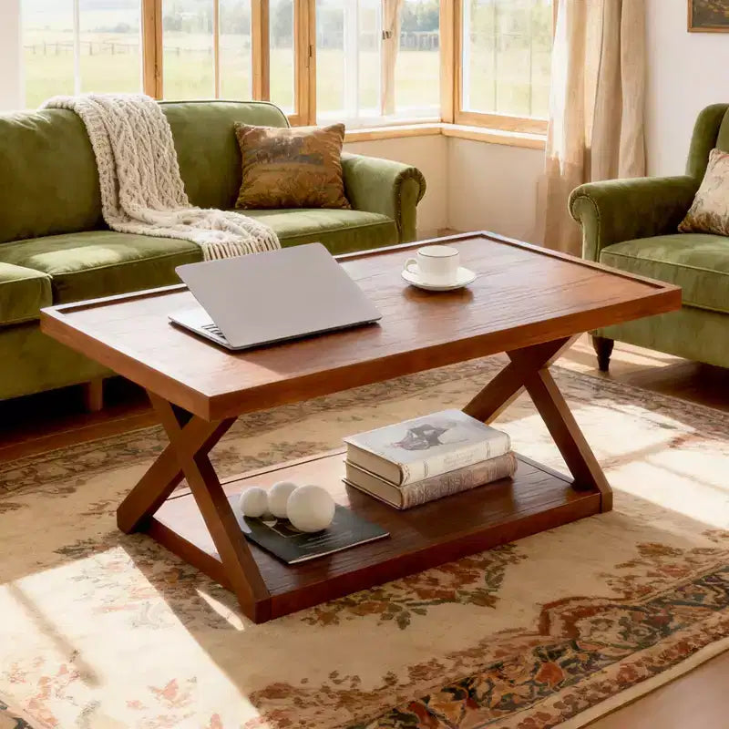 40 Solid Oak Coffee Table,2-Tier Modern Farmhouse Rectangle Center Table with Storage Shelf & X-Shaped Legs, Walnut Finish