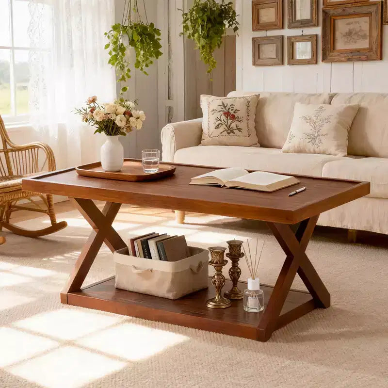 40 Solid Oak Coffee Table,2-Tier Modern Farmhouse Rectangle Center Table with Storage Shelf & X-Shaped Legs, Walnut Finish