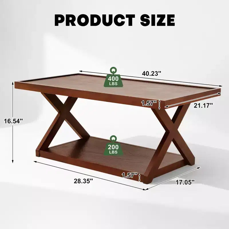 40 Solid Oak Coffee Table,2-Tier Modern Farmhouse Rectangle Center Table with Storage Shelf & X-Shaped Legs, Walnut Finish