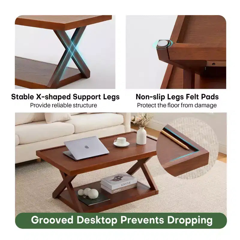 40 Solid Oak Coffee Table,2-Tier Modern Farmhouse Rectangle Center Table with Storage Shelf & X-Shaped Legs, Walnut Finish