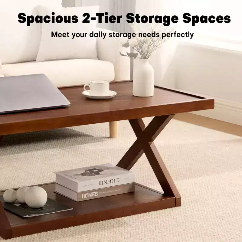 40 Solid Oak Coffee Table,2-Tier Modern Farmhouse Rectangle Center Table with Storage Shelf & X-Shaped Legs, Walnut Finish