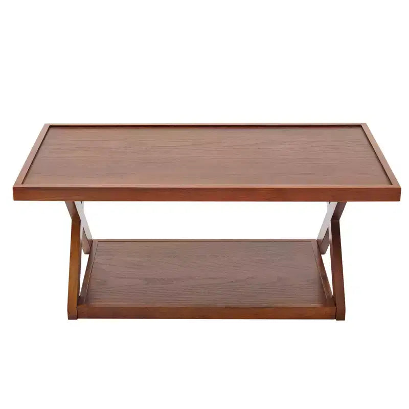40 Solid Oak Coffee Table,2-Tier Modern Farmhouse Rectangle Center Table with Storage Shelf & X-Shaped Legs, Walnut Finish