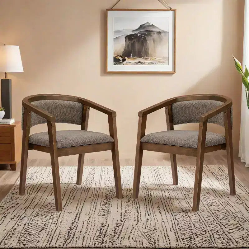 Mid Century Modern Boucle Upholstered Dining Chairs with U-Shaped Armrests
