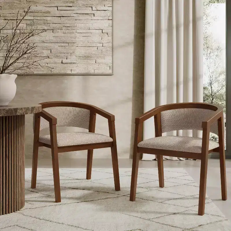 Mid Century Modern Boucle Upholstered Dining Chairs with U-Shaped Armrests
