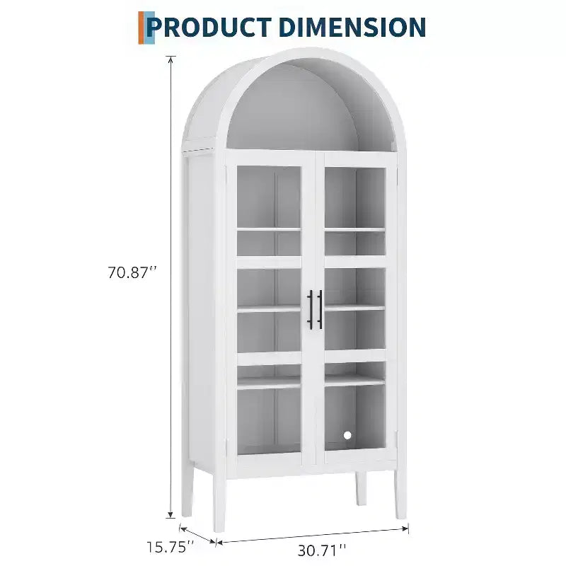 GustoWave 70 Tall Arched Kitchen Pantry Cabinet with LED, Wood Arched Bookshelf with Glass Doors & Adjustable Shelves, Elegant White
