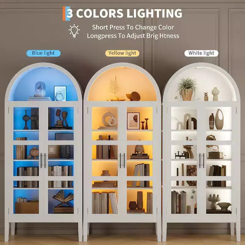 GustoWave 70 Tall Arched Kitchen Pantry Cabinet with LED, Wood Arched Bookshelf with Glass Doors & Adjustable Shelves, Elegant White