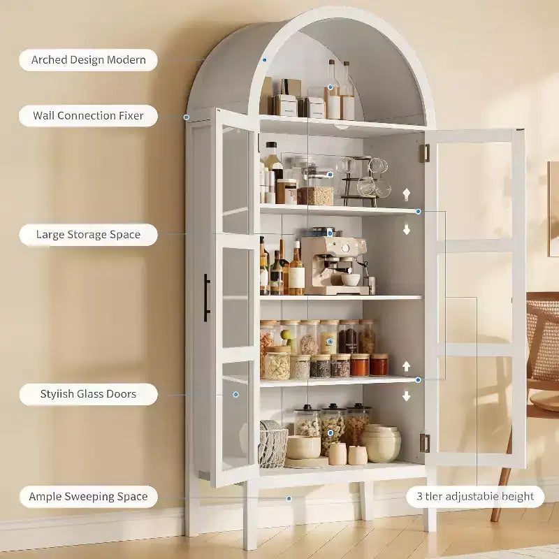 GustoWave 70 Tall Arched Kitchen Pantry Cabinet with LED, Wood Arched Bookshelf with Glass Doors & Adjustable Shelves, Elegant White