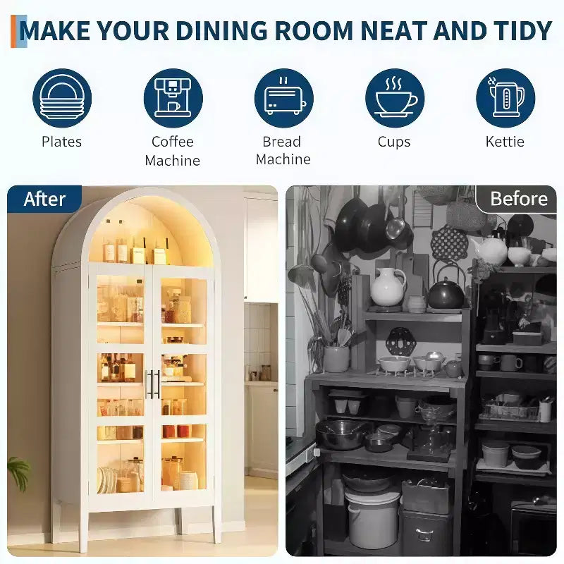 GustoWave 70 Tall Arched Kitchen Pantry Cabinet with LED, Wood Arched Bookshelf with Glass Doors & Adjustable Shelves, Elegant White
