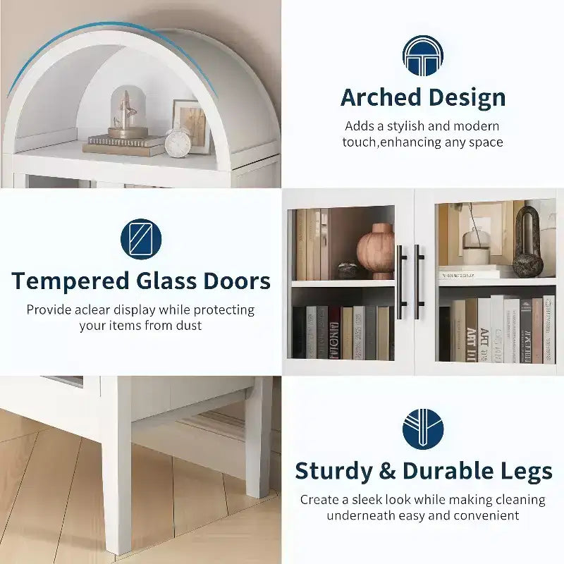 GustoWave 70 Tall Arched Kitchen Pantry Cabinet with LED, Wood Arched Bookshelf with Glass Doors & Adjustable Shelves, Elegant White