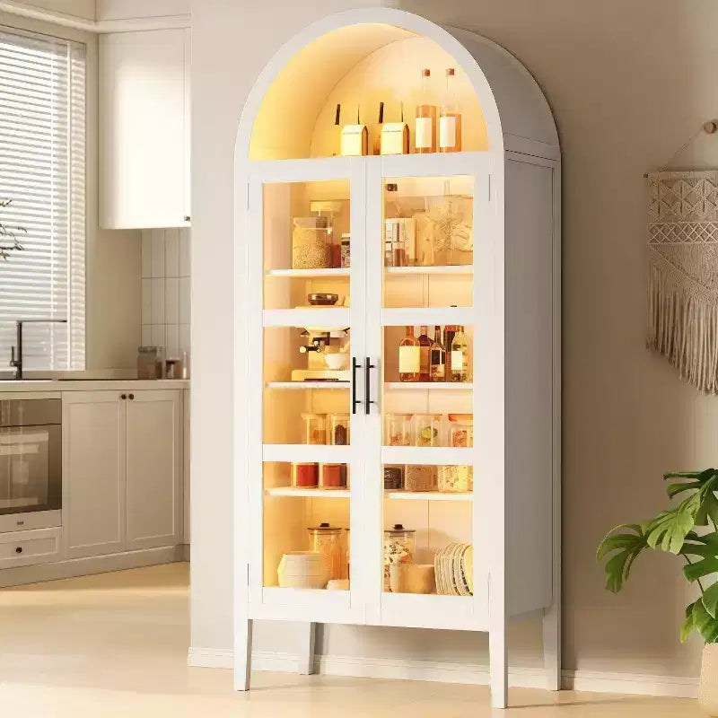 GustoWave 70 Tall Arched Kitchen Pantry Cabinet with LED, Wood Arched Bookshelf with Glass Doors & Adjustable Shelves, Elegant White