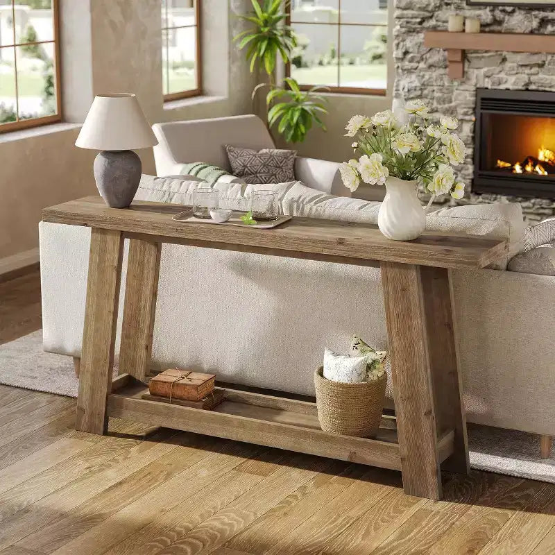 63 Solid Wood Console Tables, 2-Tier Farmhouse Entryway Table, Narrow Sofa Table Behind Couch for Living Room, Hallway, Foyer
