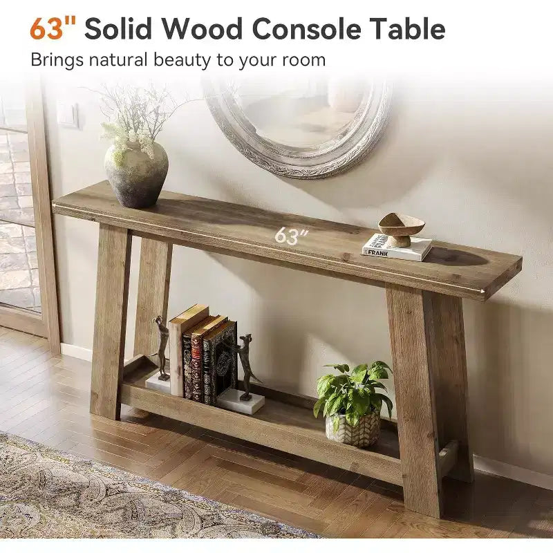 63 Solid Wood Console Tables, 2-Tier Farmhouse Entryway Table, Narrow Sofa Table Behind Couch for Living Room, Hallway, Foyer
