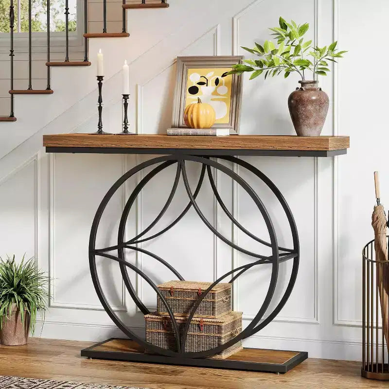 Lantine 47Console Table,2-Tier Sofa Table with Geometric Metal Frame, Narrow Entryway Tables with Storage Shelf for Living Room, Rustic Brown