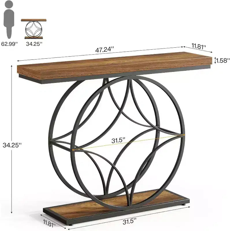 47Console Table,2-Tier Sofa Table with Geometric Metal Frame, Narrow Entryway Tables with Storage Shelf for Living Room, Rustic Brown