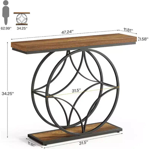 47Console Table,2-Tier Sofa Table with Geometric Metal Frame, Narrow Entryway Tables with Storage Shelf for Living Room, Rustic Brown