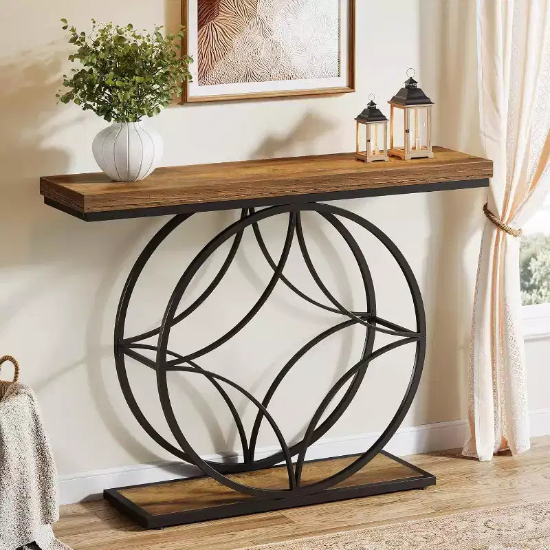 47Console Table,2-Tier Sofa Table with Geometric Metal Frame, Narrow Entryway Tables with Storage Shelf for Living Room, Rustic Brown