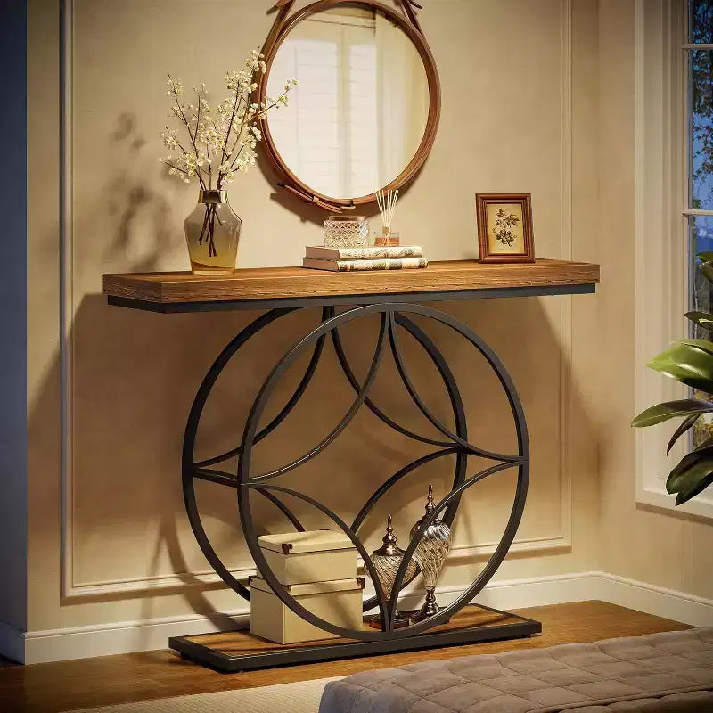 47Console Table,2-Tier Sofa Table with Geometric Metal Frame, Narrow Entryway Tables with Storage Shelf for Living Room, Rustic Brown