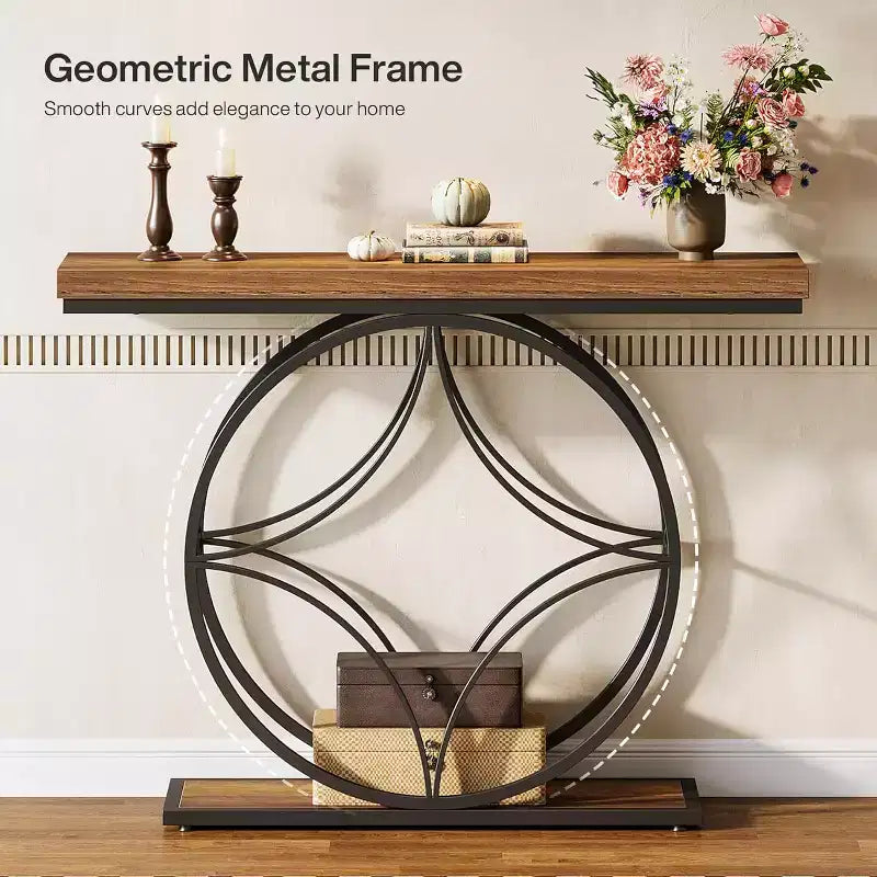 47Console Table,2-Tier Sofa Table with Geometric Metal Frame, Narrow Entryway Tables with Storage Shelf for Living Room, Rustic Brown