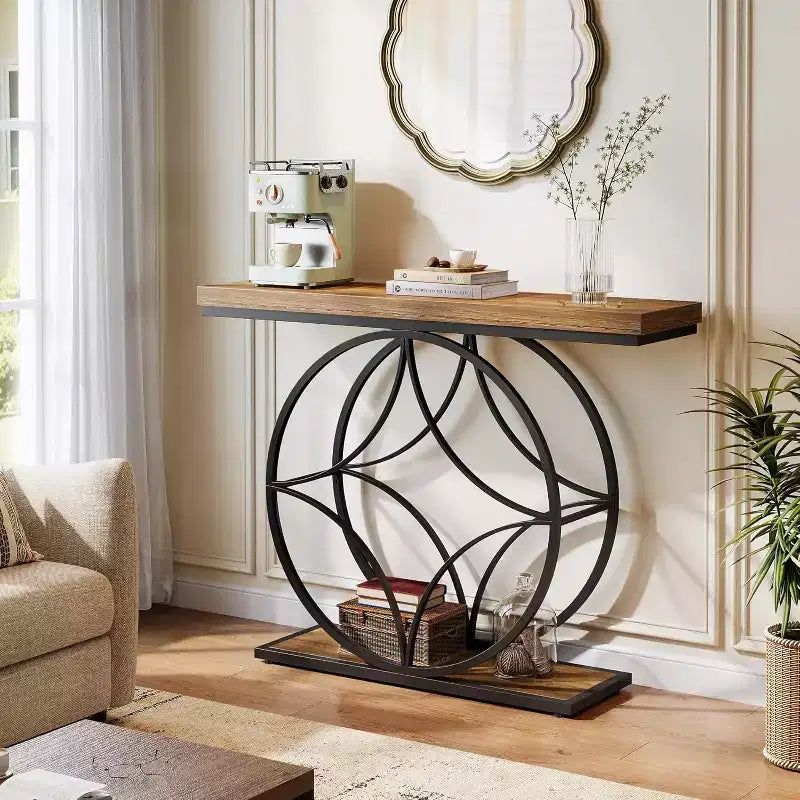 47Console Table,2-Tier Sofa Table with Geometric Metal Frame, Narrow Entryway Tables with Storage Shelf for Living Room, Rustic Brown