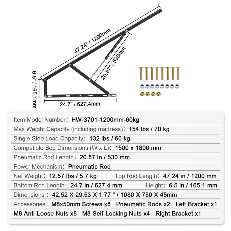 Bed Lift, 59x71 in Compatible Bed Size 154 lbs Load Bearing, DIY Wall Bed Mechanical Hardware Kit, Pneumatic Lever Heavy Duty Bed Support,Black