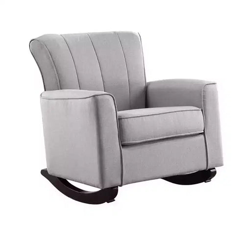 34 Inch Rocking Chair, Wood Frame, Vertical Channel Tufted Gray Linen