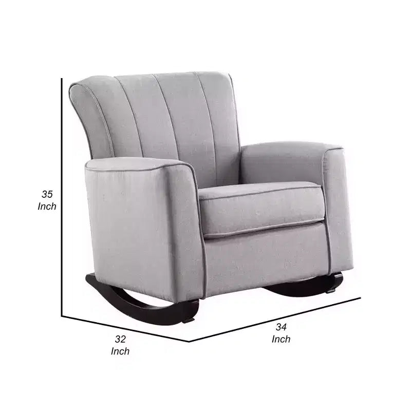 34 Inch Rocking Chair, Wood Frame, Vertical Channel Tufted Gray Linen