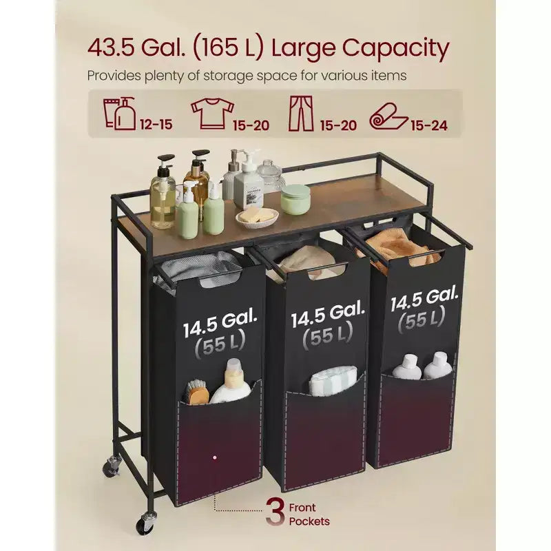 3-Compartment Laundry Sorter Cart with Removable Bags, 43.5 Gallon Rolling Hamper with Top Shelf and Braked Wheels