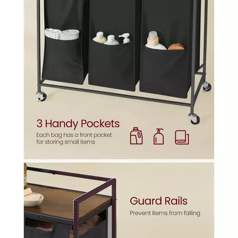 3-Compartment Laundry Sorter Cart with Removable Bags, 43.5 Gallon Rolling Hamper with Top Shelf and Braked Wheels