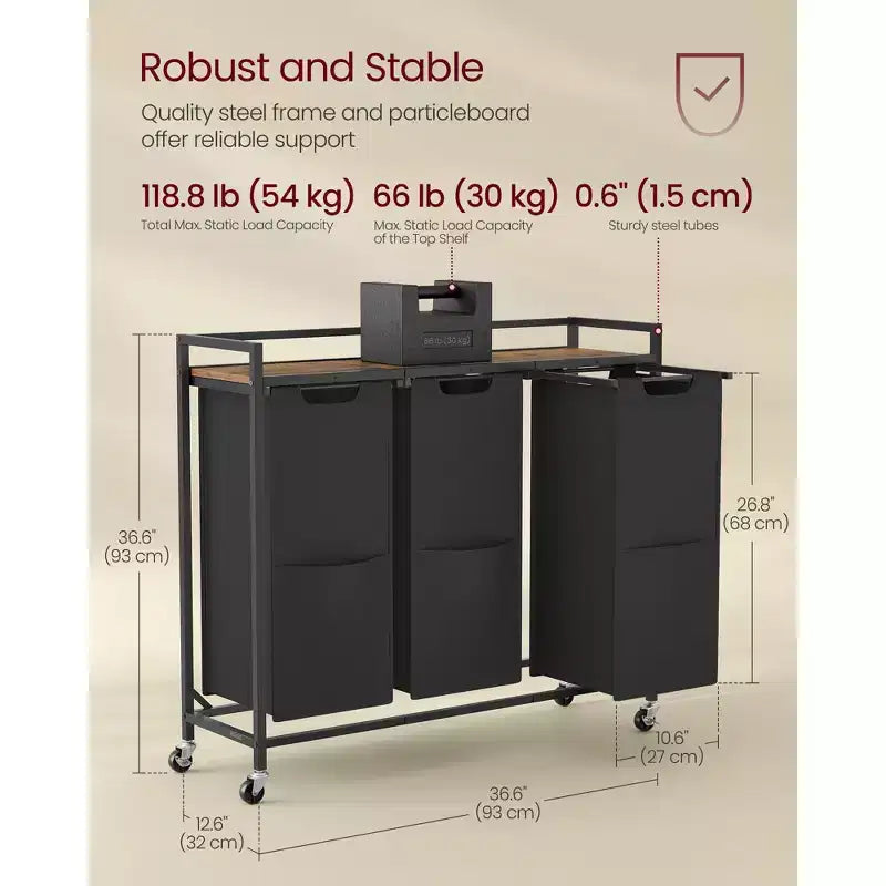 3-Compartment Laundry Sorter Cart with Removable Bags, 43.5 Gallon Rolling Hamper with Top Shelf and Braked Wheels