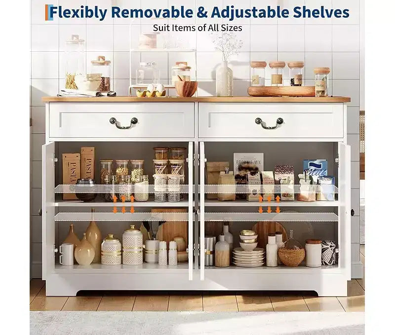 57'' Modern Farmhouse Sideboard Buffet Cabinet with 2 Drawers & Adjustable Shelves, Dining Room Coffee Bar Organizer for Living Room