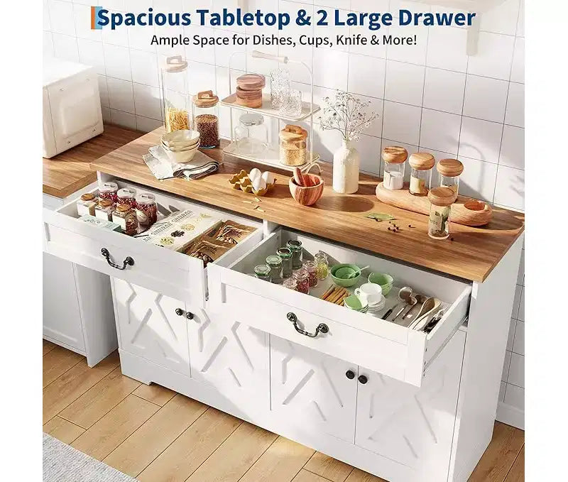 57'' Modern Farmhouse Sideboard Buffet Cabinet with 2 Drawers & Adjustable Shelves, Dining Room Coffee Bar Organizer for Living Room