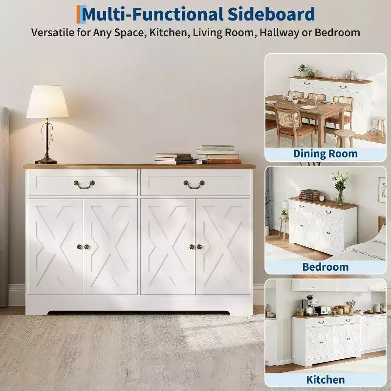 57'' Modern Farmhouse Sideboard Buffet Cabinet with 2 Drawers & Adjustable Shelves, Dining Room Coffee Bar Organizer for Living Room