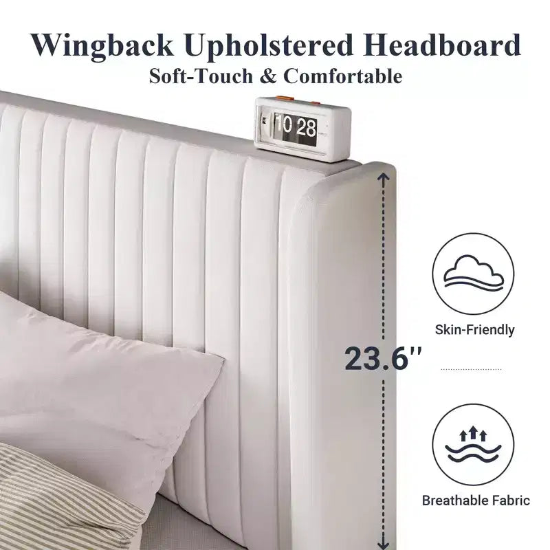 Velvet Upholstered Bed with Wingback Headboard, No Box Spring Needed